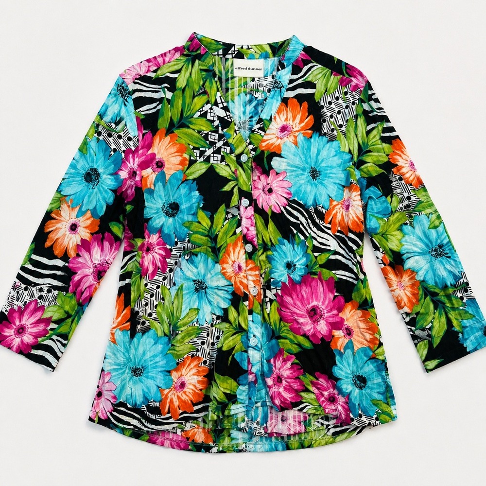 Y2K Alfred Dunner Vibrant Floral Zebra Blouse 3/4 Sleeve Dopamine Maximalist